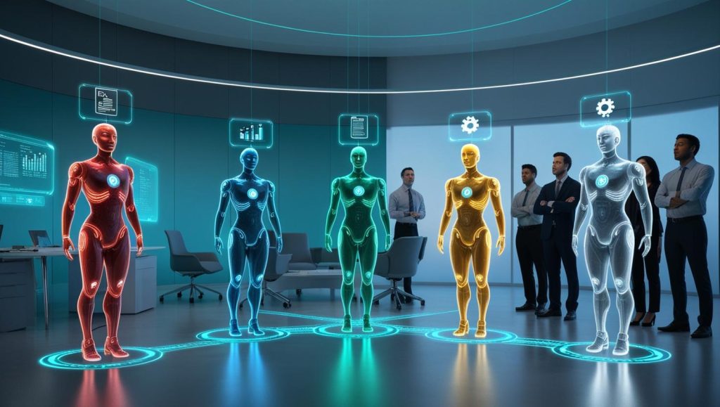 Több mesterséges intelligencia ügynök holografikus formában, összekapcsolva egy vállalati háttér előtt