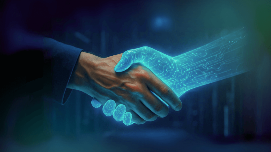 Ember és AI kézfogása digitális háttérrel