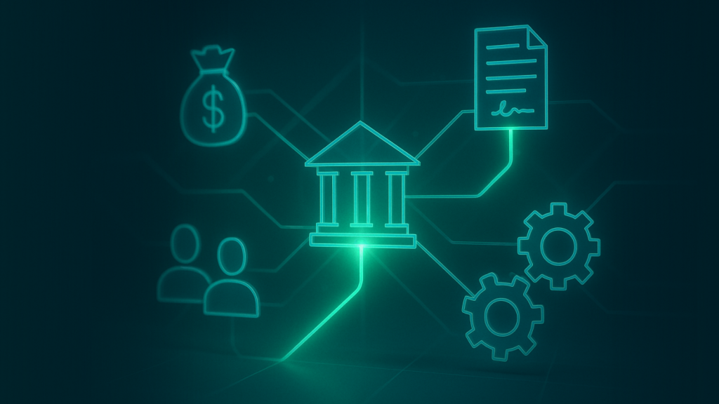 Banki digitalizációt jelképező illusztráció ServiceNow ITSM rendszerrel, pénzügyi és technológiai ikonokkal, a TestIT ServiceNow fejlesztési projektjéhez.