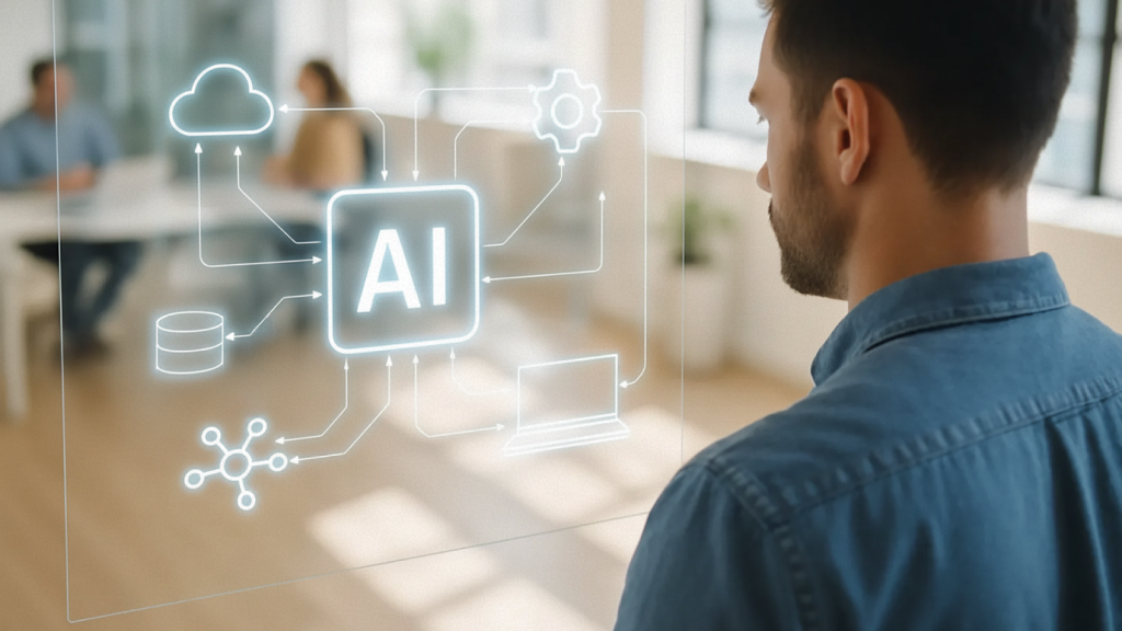IT szakember AI rendszert kezel digitális felületen, irodai háttérrel.