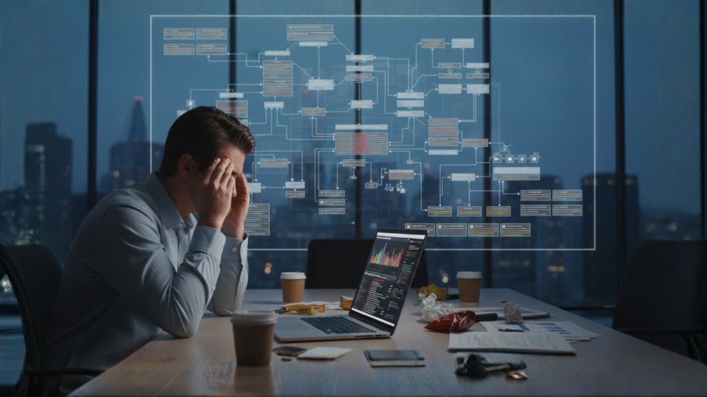 CIO vagy IT projektvezető tárgyalóban, időnyomás alatt, a háttérben komplex cloud- és mikroszerviz-architektúra ábrázolásával, amely a rendszerfüggőségeket és a projektkockázatokat szemlélteti.