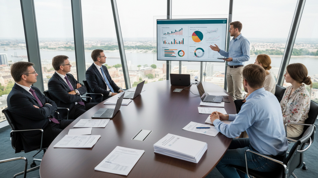 Üzleti prezentáció grafikonokkal nagy kijelzőn egy tárgyalóteremben, ahol vezetők ülnek az asztal körül