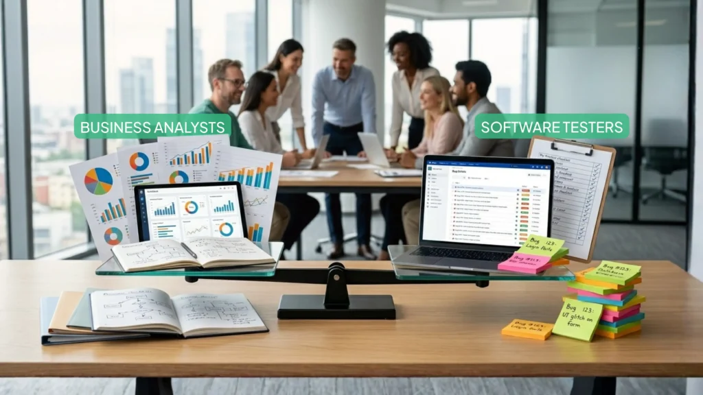 Business analystek és szoftvertesztelők közötti egyensúlyt ábrázoló mérleg irodai környezetben, shift-left szemlélettel