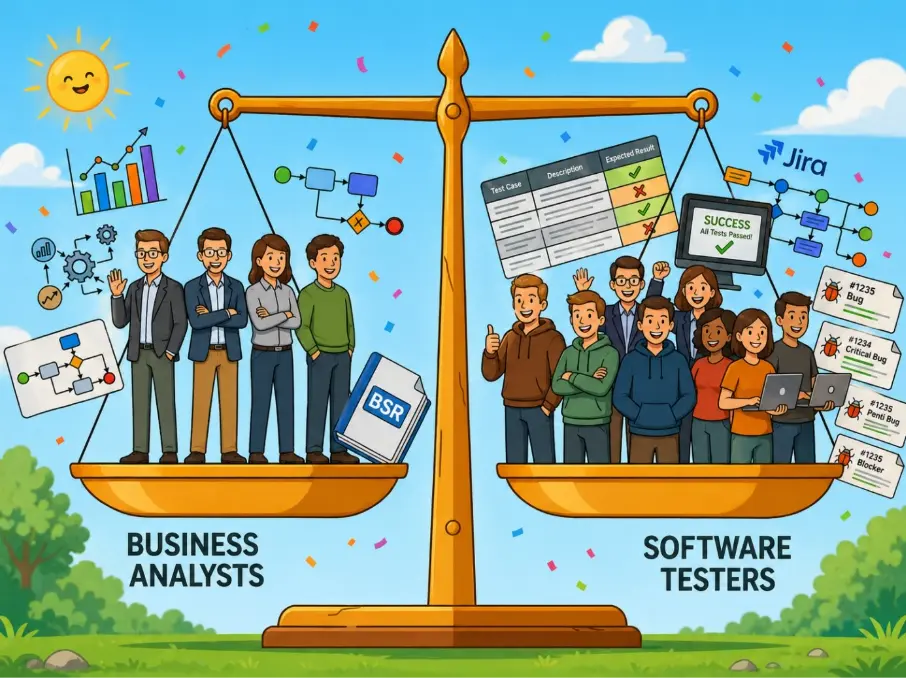 Mérlegillusztráció business analystokkal a bal oldalon és nagyobb létszámú software tester csapattal a jobb oldalon, tesztelési és Jira-vizualizációkkal.