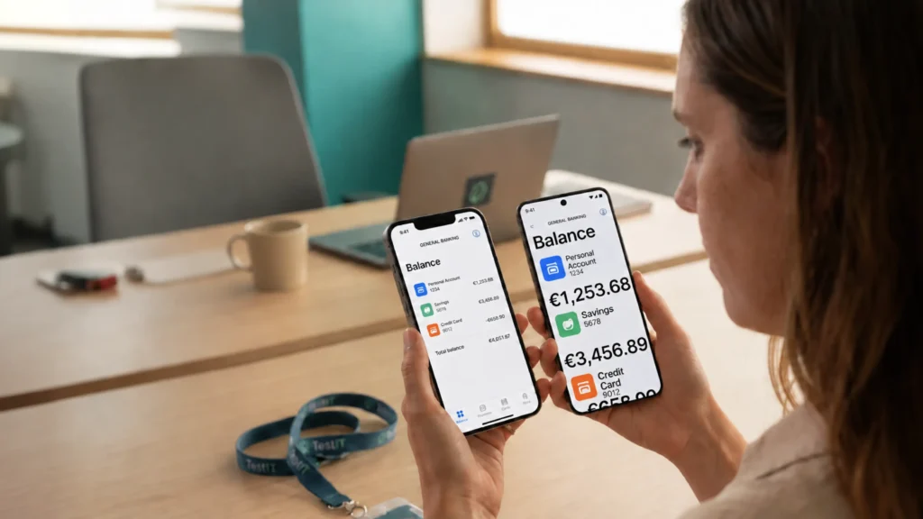Mobilapp tesztelés két okostelefonon, banki alkalmazás összehasonlítása irodai környezetben